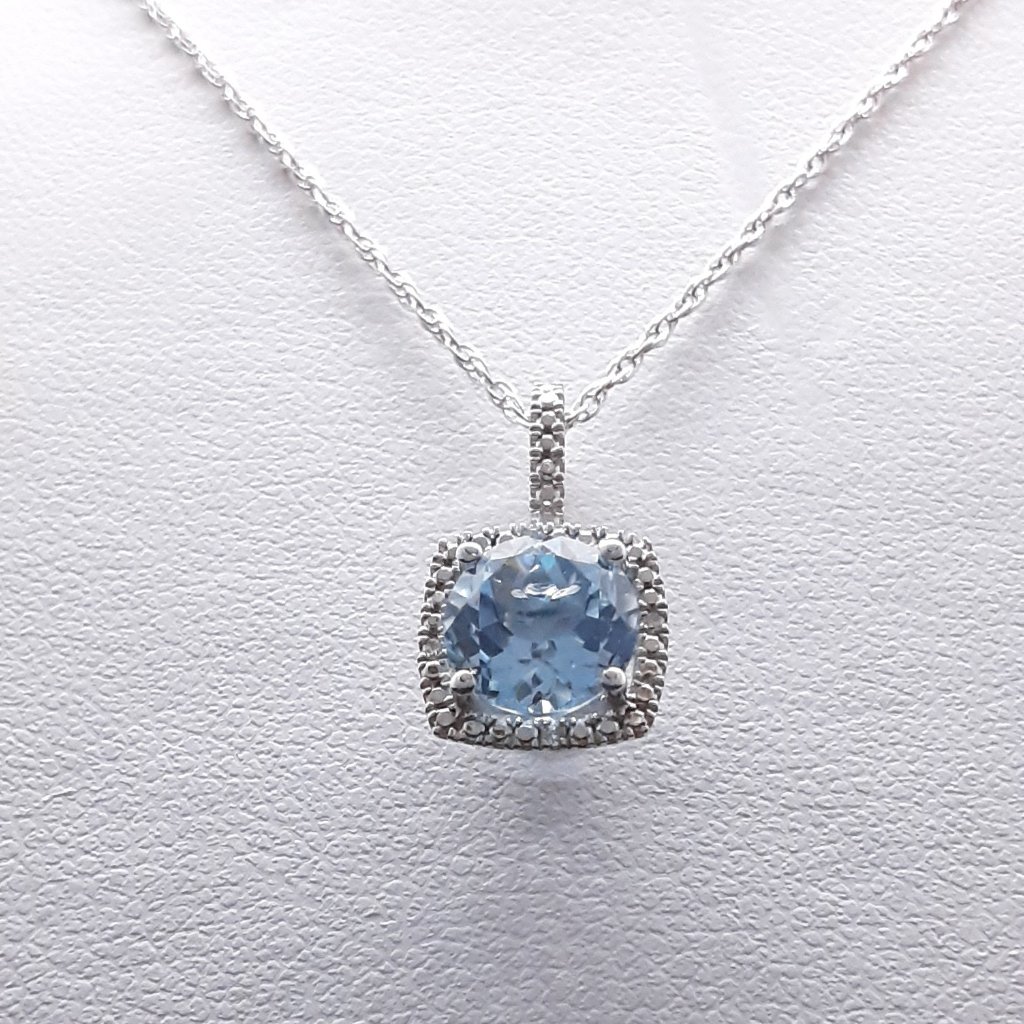New Sterling Silver Blue Topaz And Cz Pendant Necklace